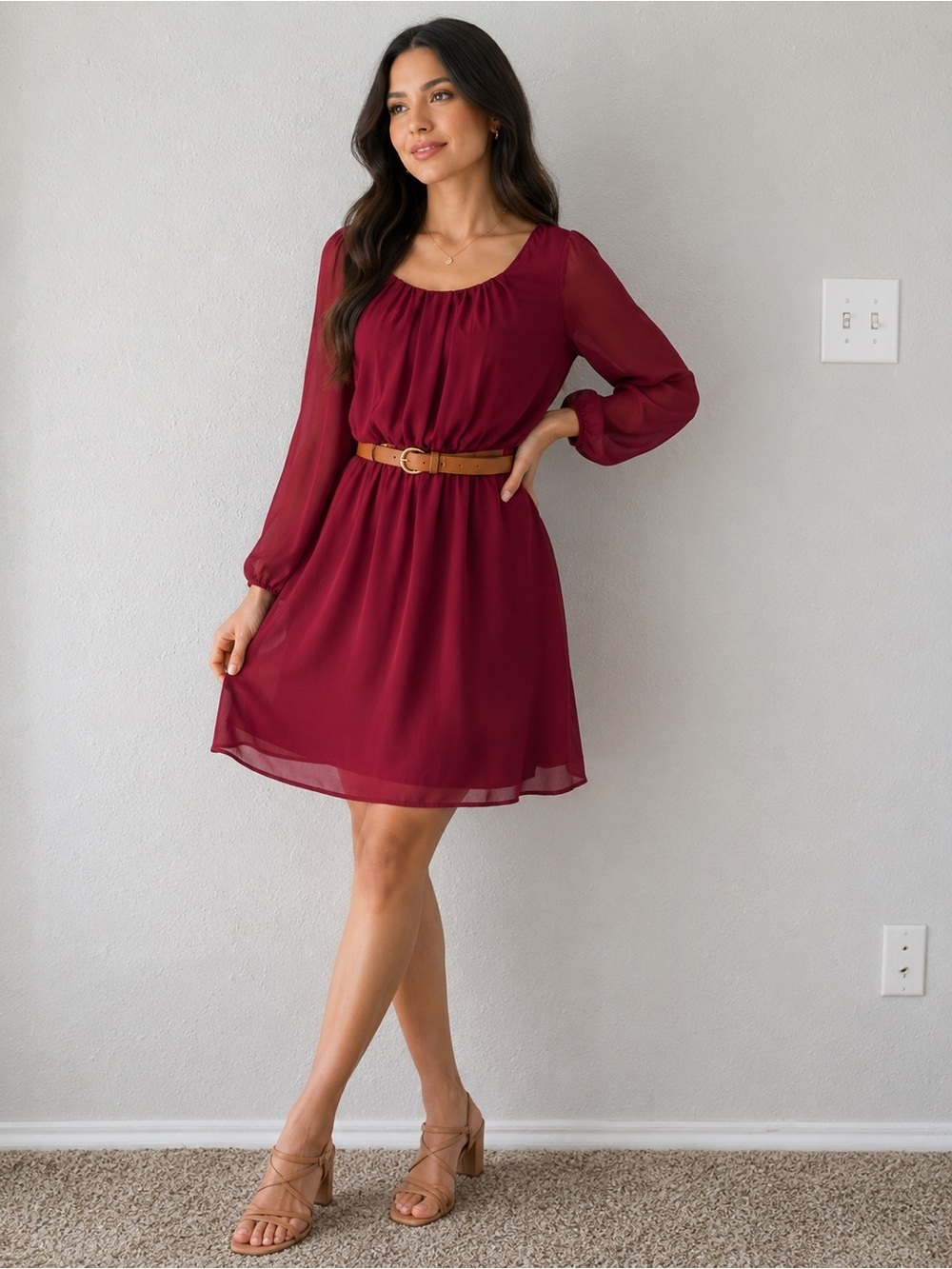 Charlotte Russe Wine Red Long-Sleeve Chiffon Dress
